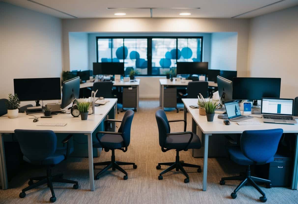 A shared desk with individual workstations in a home office, with separate desks, chairs, and personal items neatly arranged