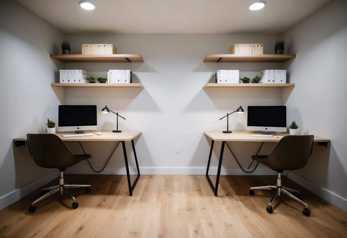 A compact home office with two floating desks, shelves, and minimal decor in a small, well-lit space