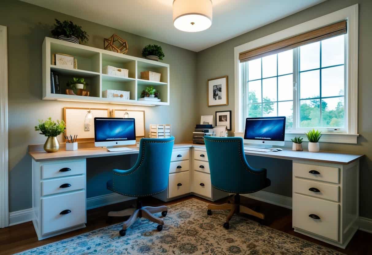 A cozy home office with two built-in desks, adorned with stylish decor and organized work supplies, illuminated by natural light from a nearby window