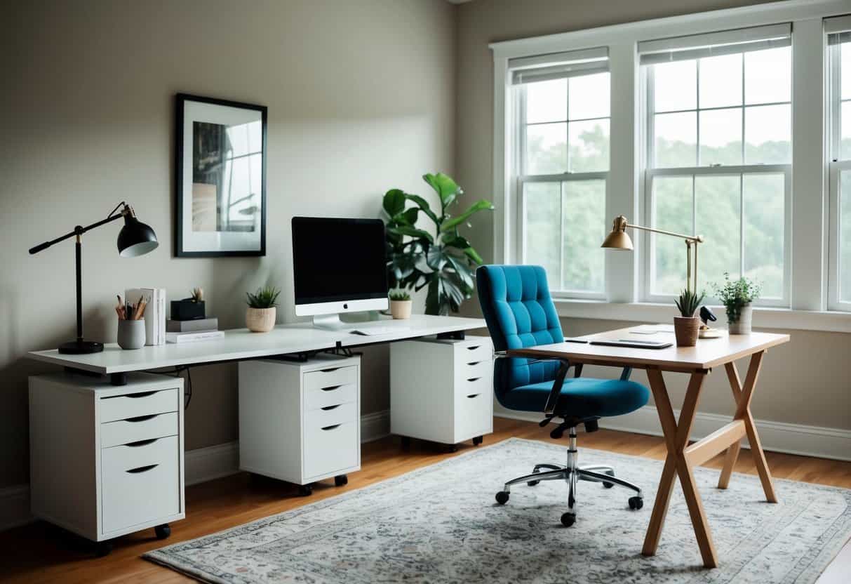 A cozy home office with convertible furniture desks, featuring 17 different desk ideas for a productive work space