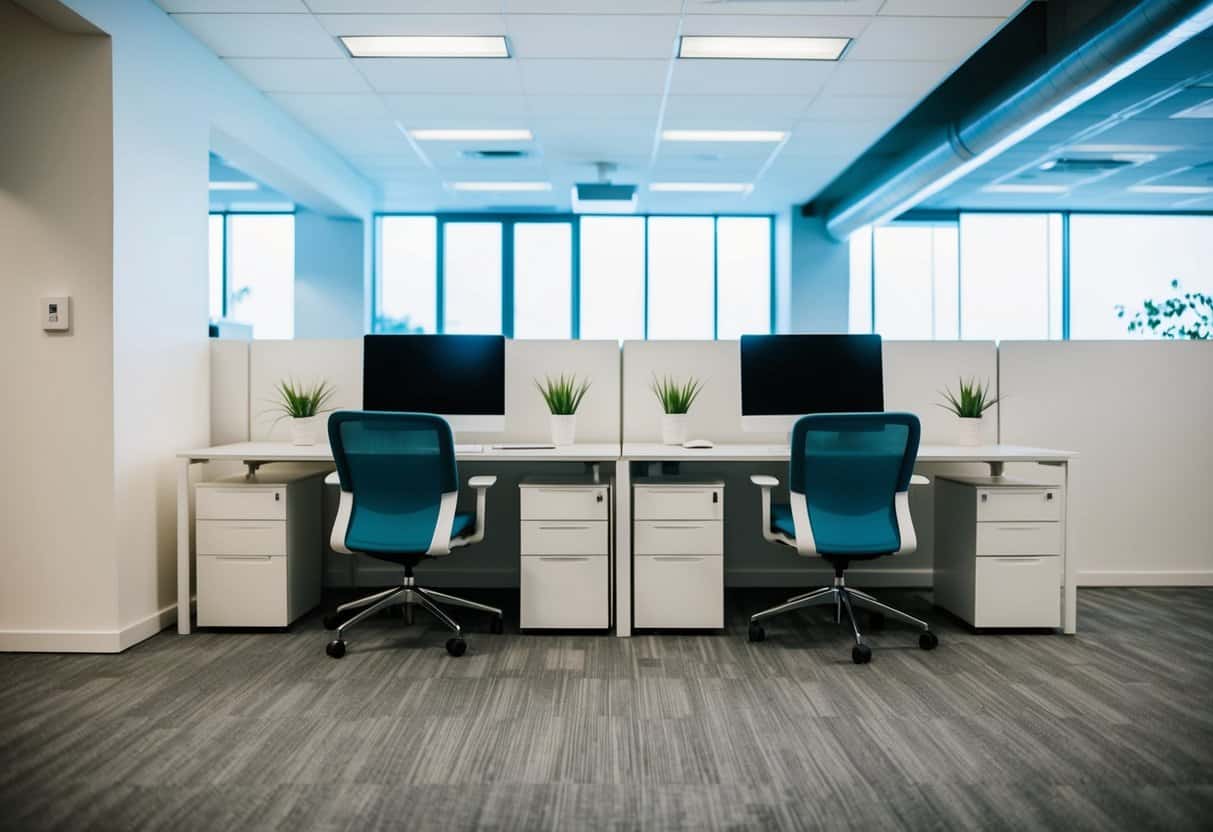 An open office layout with two desks, each with its own computer and chair. The space is organized and clean, with minimal decor and plenty of natural light