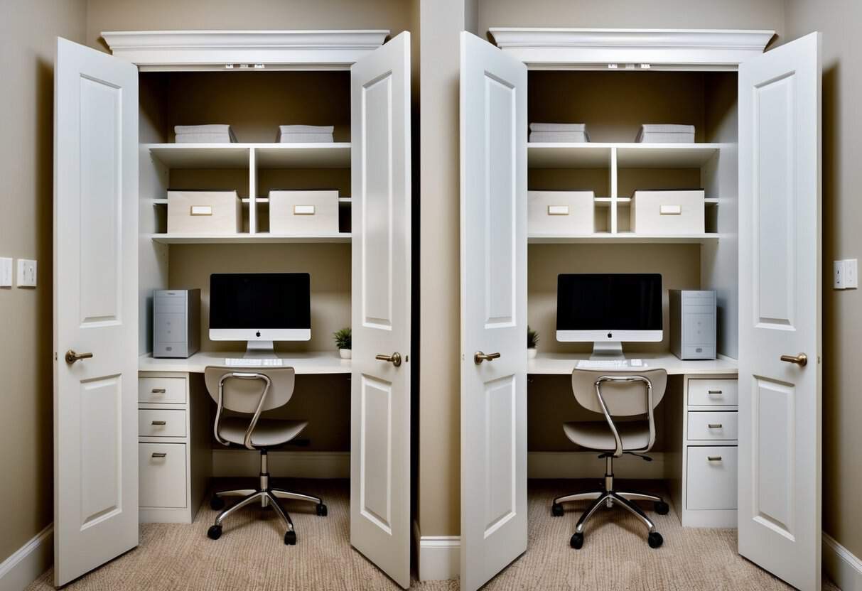 Two desk nooks in separate closets, each with a chair and computer, surrounded by shelves and storage