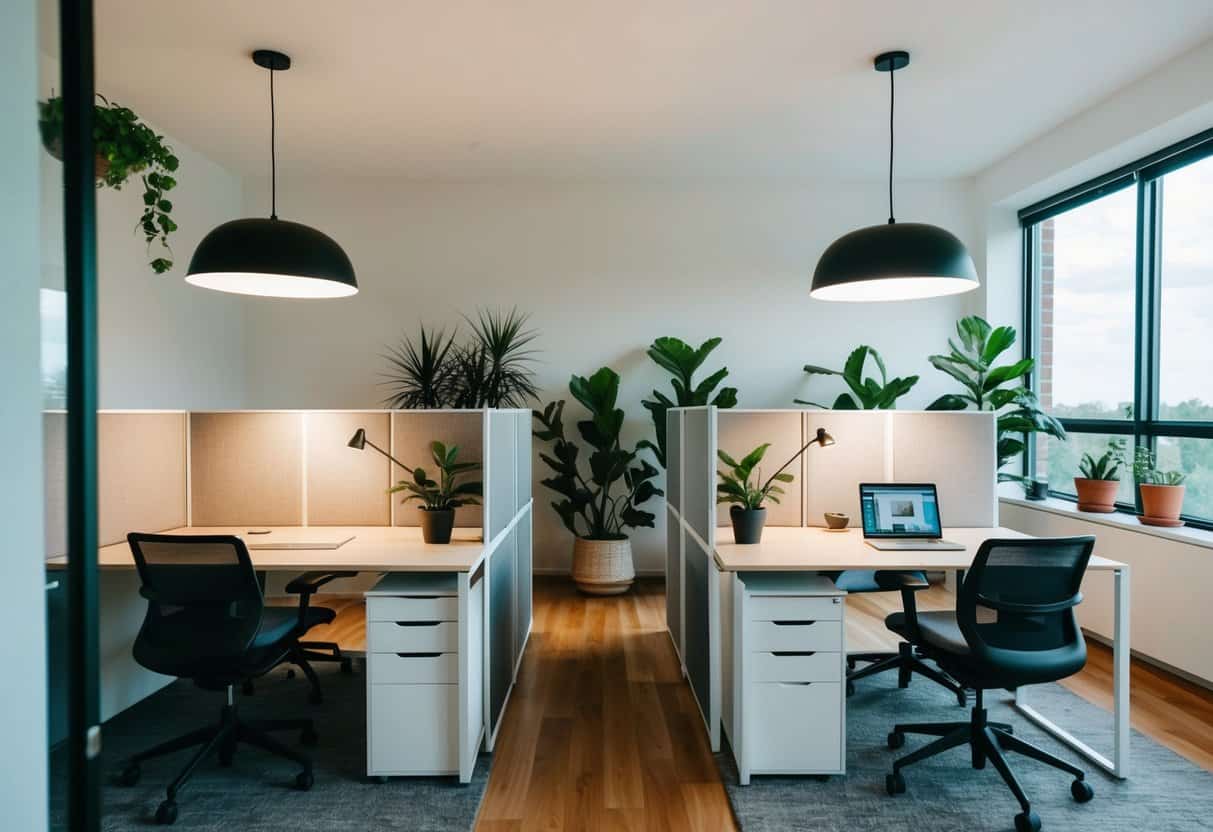 A modern home office with partitioned desks, plants, and natural light