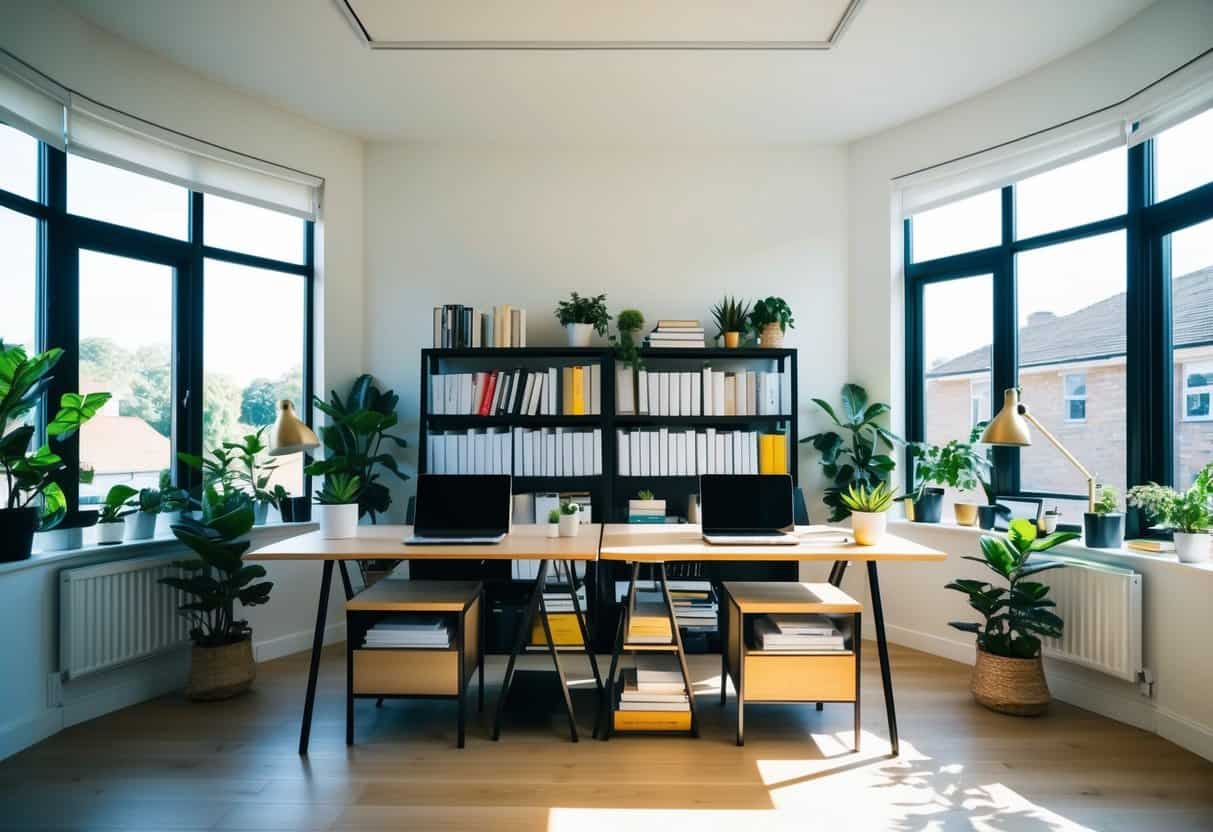 A spacious home office with two-tiered desks, filled with books, plants, and modern office supplies. Natural light streams in through large windows, creating a bright and inviting workspace