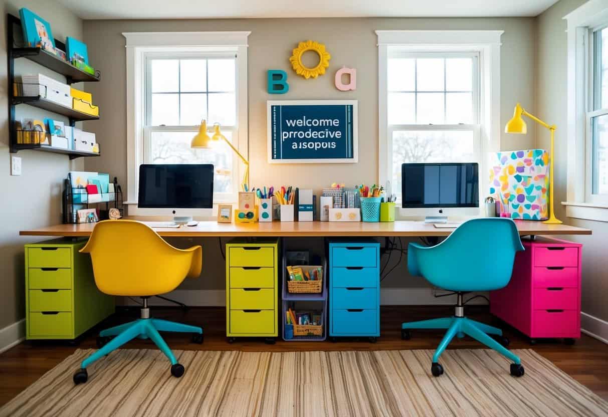 A cozy home office with two desks, one for kids and one for adults. Brightly colored chairs and organized supplies create a welcoming and productive space