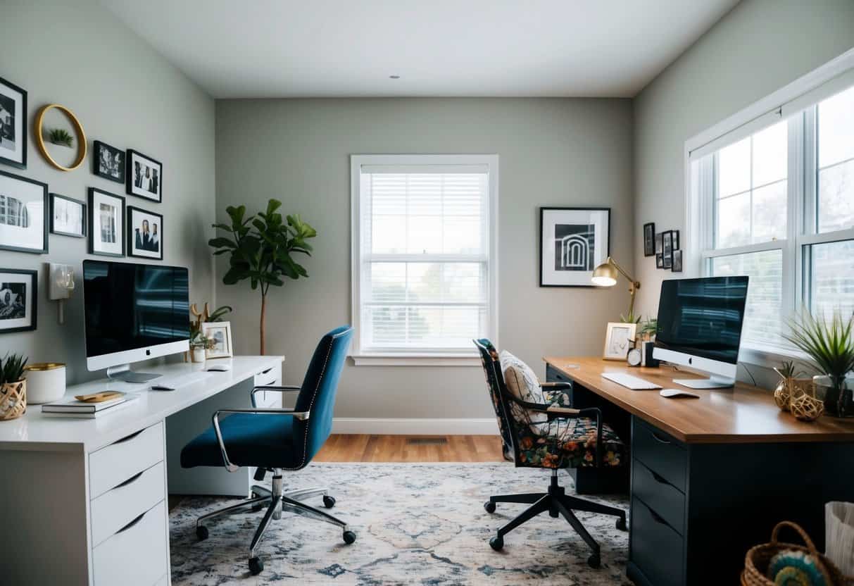 Two side-by-side desks in a home office, each with a unique style and decor. One desk is neat and organized, while the other is more eclectic and artistic