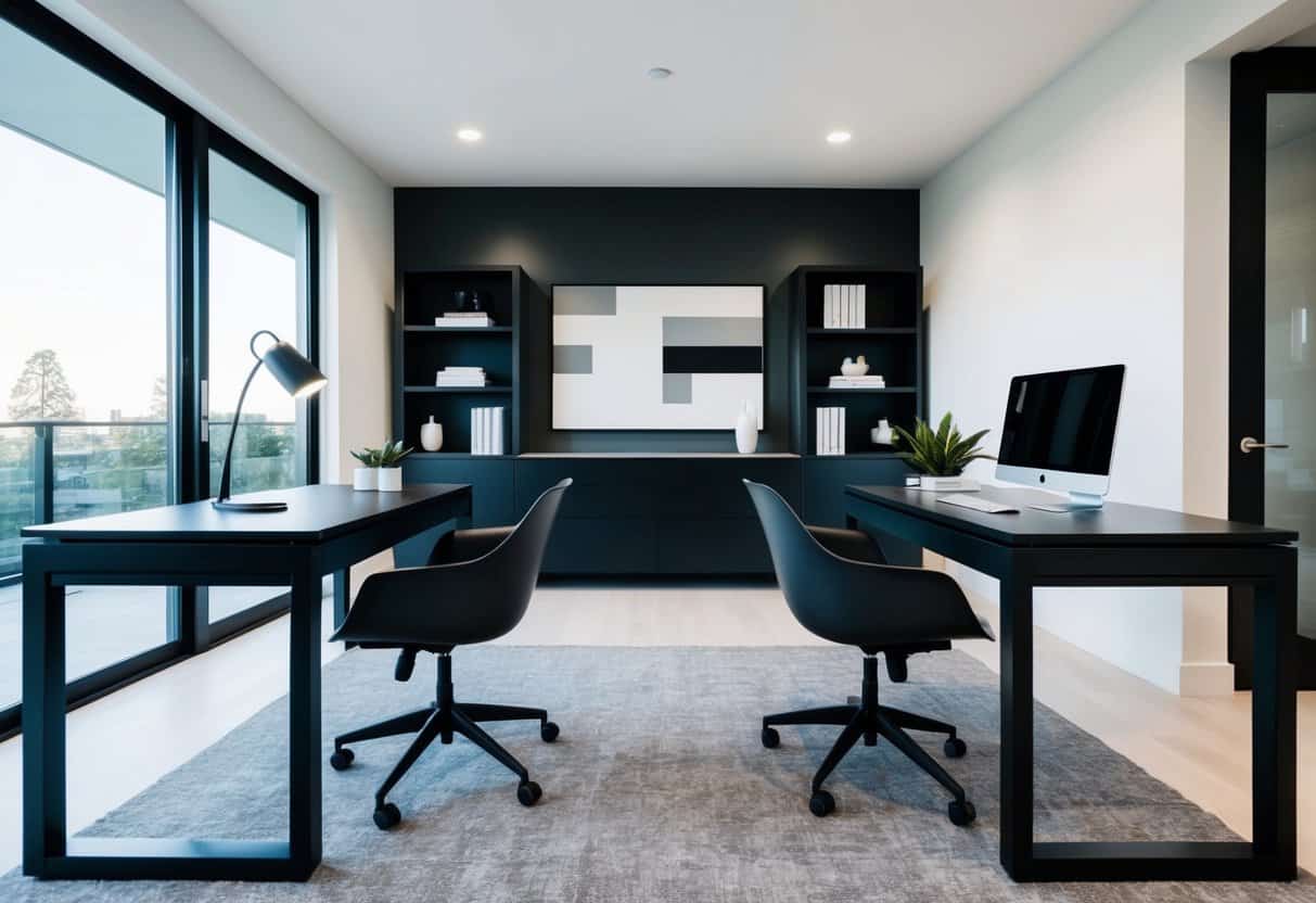 A sleek, modern home office with two matching desks, minimalist decor, and monochromatic color scheme