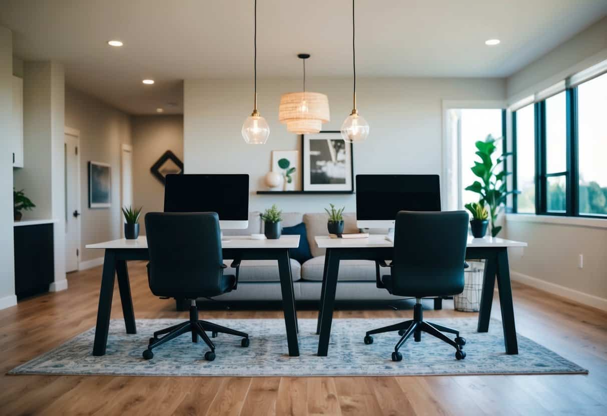 Two desks sit side by side in an open living area, surrounded by modern decor and natural light