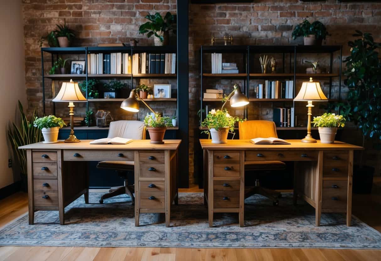 A cozy home office with two rustic wooden desks, each adorned with vintage lamps and potted plants, set against a backdrop of exposed brick and shelves filled with books and decor