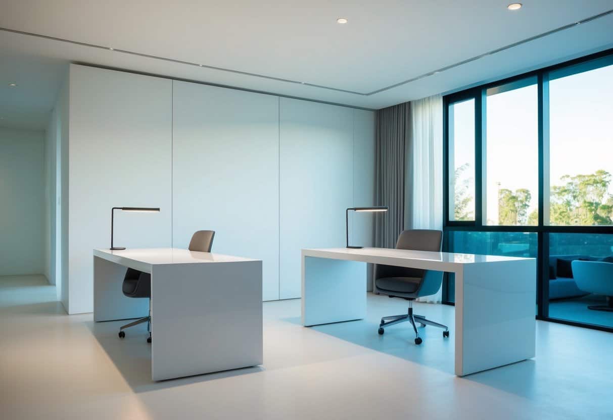 Two sleek, minimalist desks sit in a futuristic home office. The room is bathed in natural light, with clean lines and modern decor