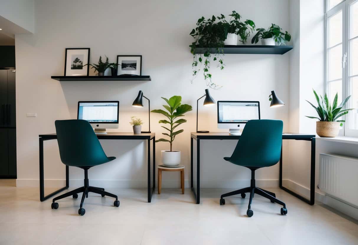 Two sleek modern desks with matching chairs in a well-lit home office. Shelves and plants add a touch of warmth to the minimalist space