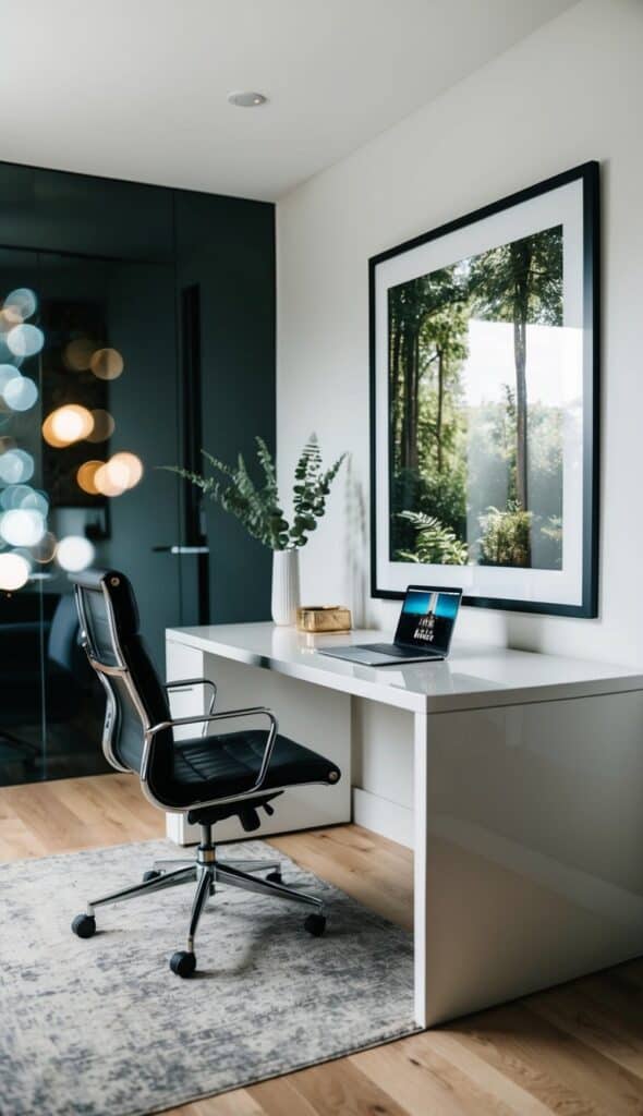 A chic home office with framed wall art displaying cool scenery and a stylish desk setup.