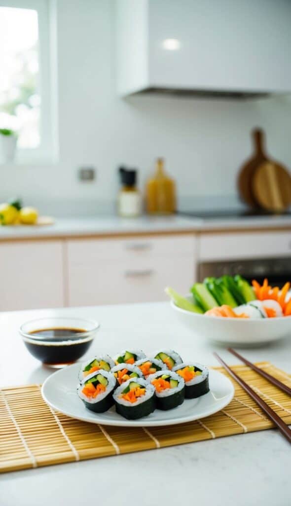 A plate of vegetable sushi rolls arranged on a bamboo mat, with soy sauce and chopsticks beside them in a bright white kitchen.