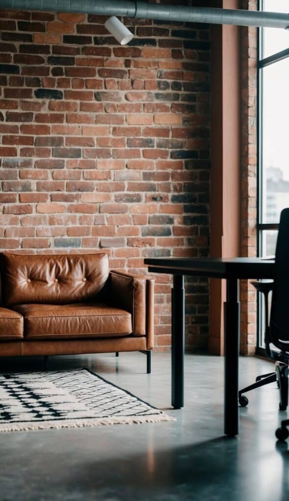 Stylish office space featuring a leather couch and black desk against a brick wall.