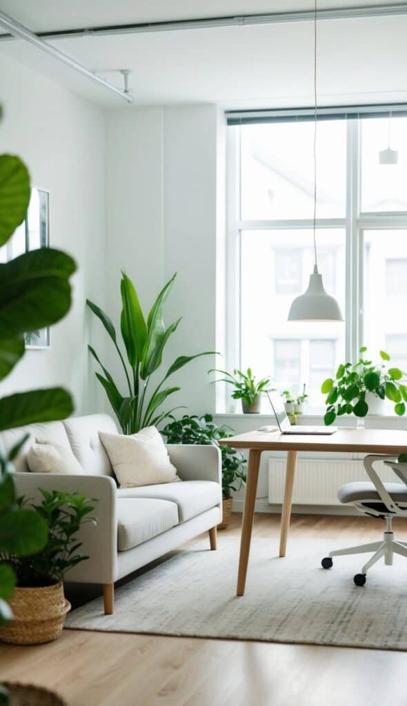 A Scandinavian style office featuring a light sofa, desk, and plants, with natural light streaming in.