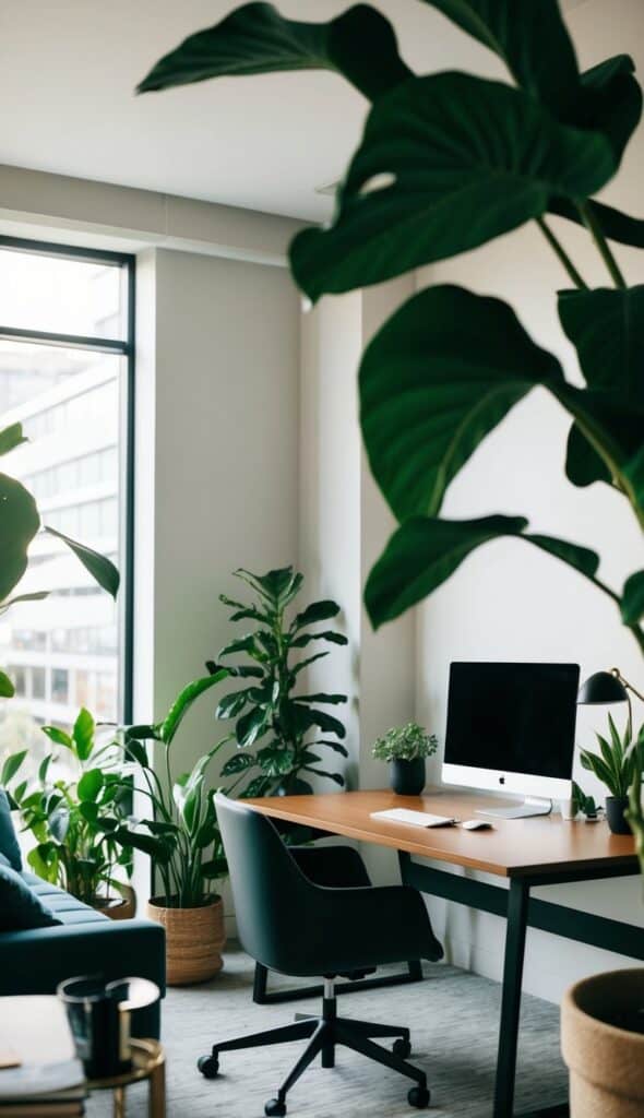 A minimalist workspace featuring a modern couch, desk with computer, and indoor plants.