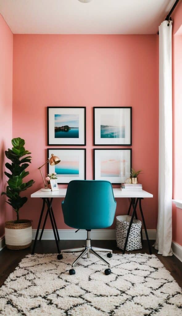 Cozy home office with pink walls, framed artwork, and a stylish desk.