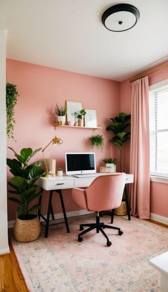 A cozy home office decorated in various shades of pink, featuring a desk, chair, plants, and wall decor.