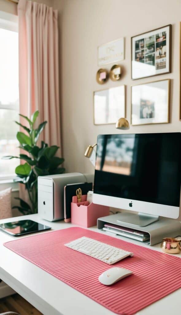 A cozy home office setup featuring a pink desk mat, a computer, and pink organizers.