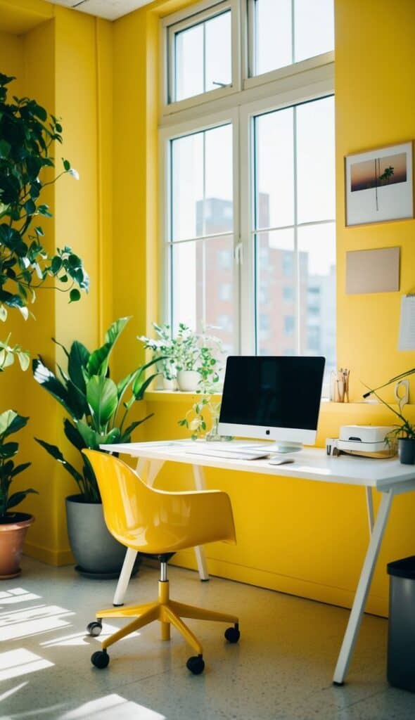 A bright yellow home office space with a desk, computer, and plants.