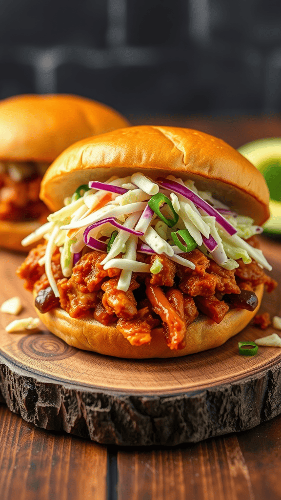 A close-up of a Vegan Jackfruit BBQ Sandwich with shredded jackfruit and colorful slaw, served on a wooden platter.