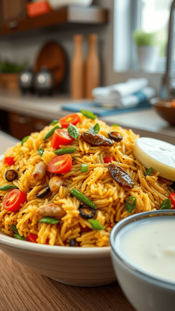 A plate of colorful vegetable biryani served with raita in a bowl.