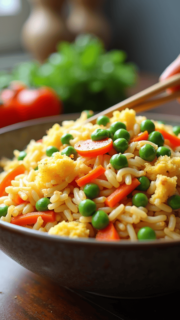 A bowl of colorful vegetable fried rice with peas, carrots, and chunks of fluffy bread.