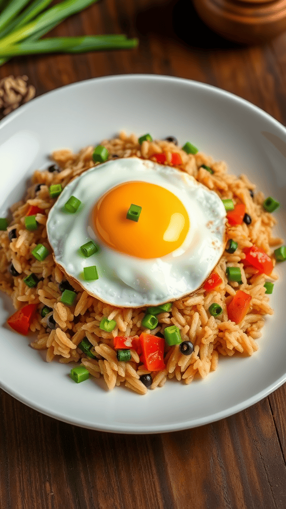 A plate of vegetable fried rice topped with a fried egg and garnished with green onions.