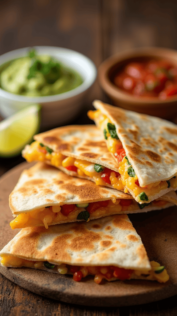 Delicious vegetable quesadillas with guacamole and salsa on a wooden platter.