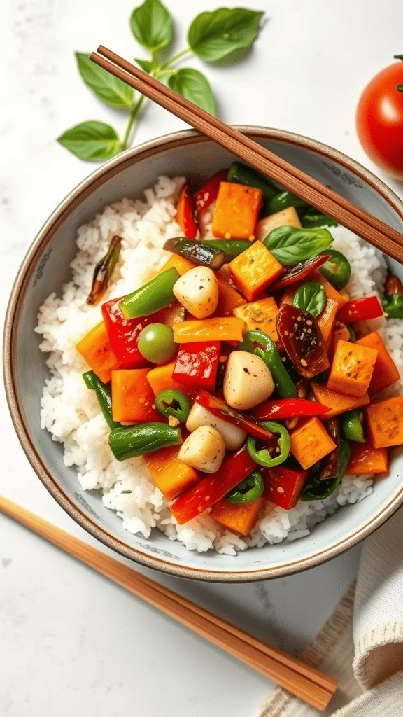 A bowl of vegetable stir-fry with jasmine rice, featuring various colorful vegetables like bell peppers, green beans, and diced squash.