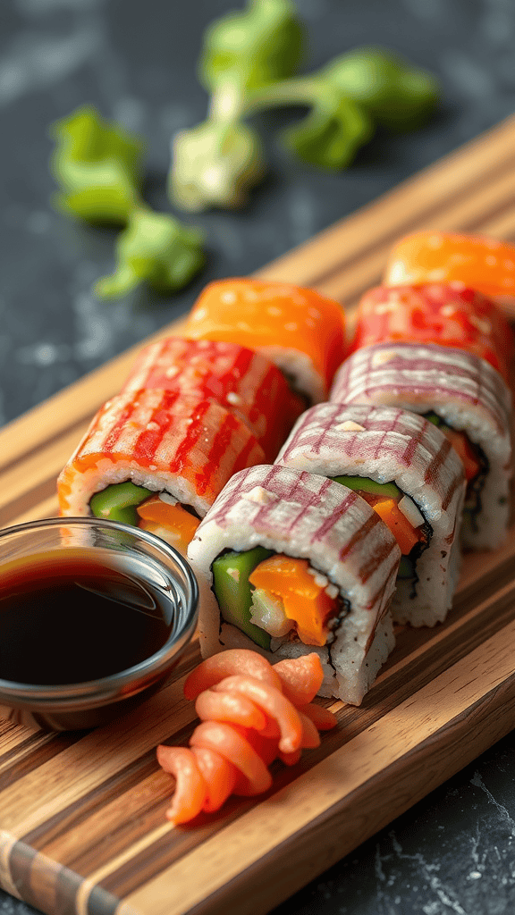 A plate of colorful vegetable sushi rolls with dipping sauce and garnishes