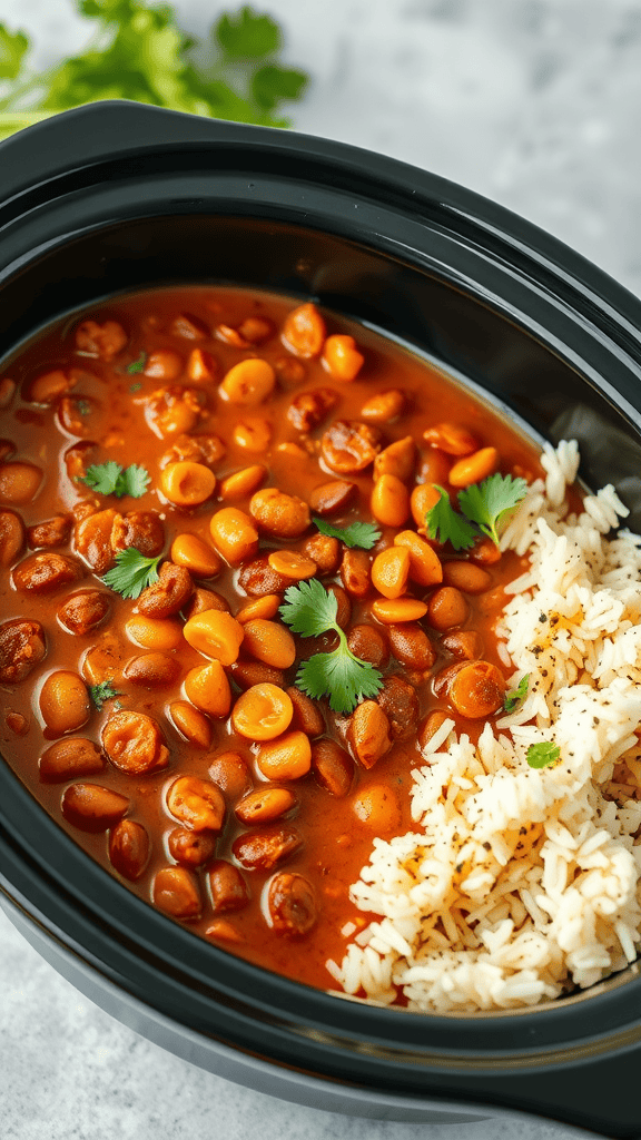 A close-up of vegetarian lentil curry with rice served in a crockpot, garnished with fresh cilantro.