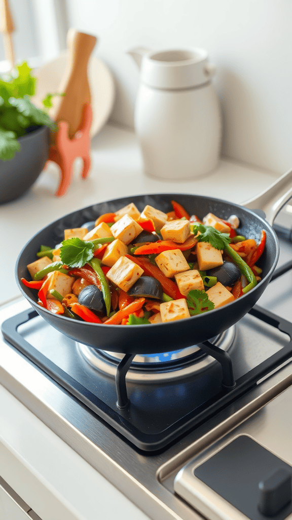 A colorful veggie-packed stir-fry with tofu, bell peppers, and greens in a frying pan on a stove.