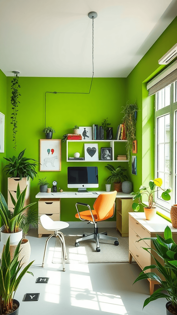 A bright green home office with plants, stylish furniture, and ample natural light.