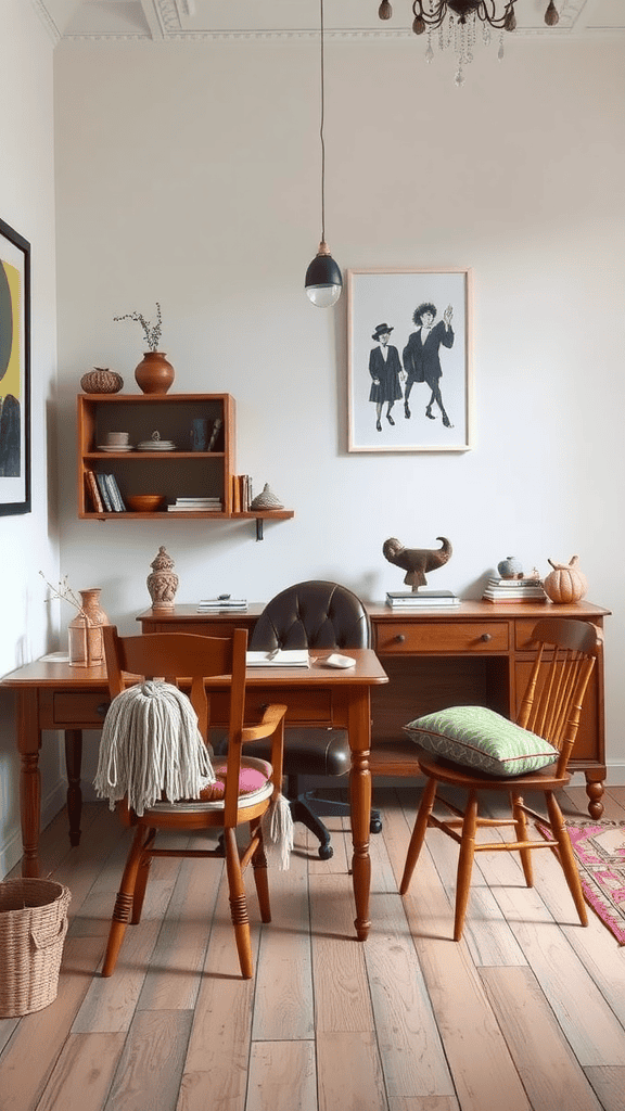 A cozy vintage-inspired workspace featuring a wooden desk, mismatched chairs, and warm lighting.