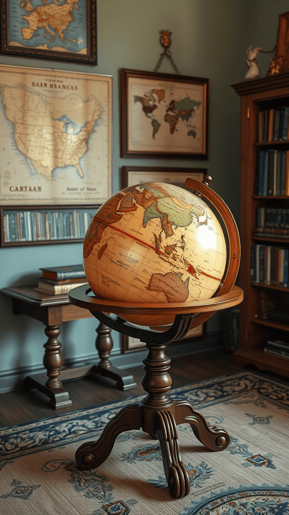 A vintage globe on a wooden stand, surrounded by framed maps and books in a Victorian-style home office.