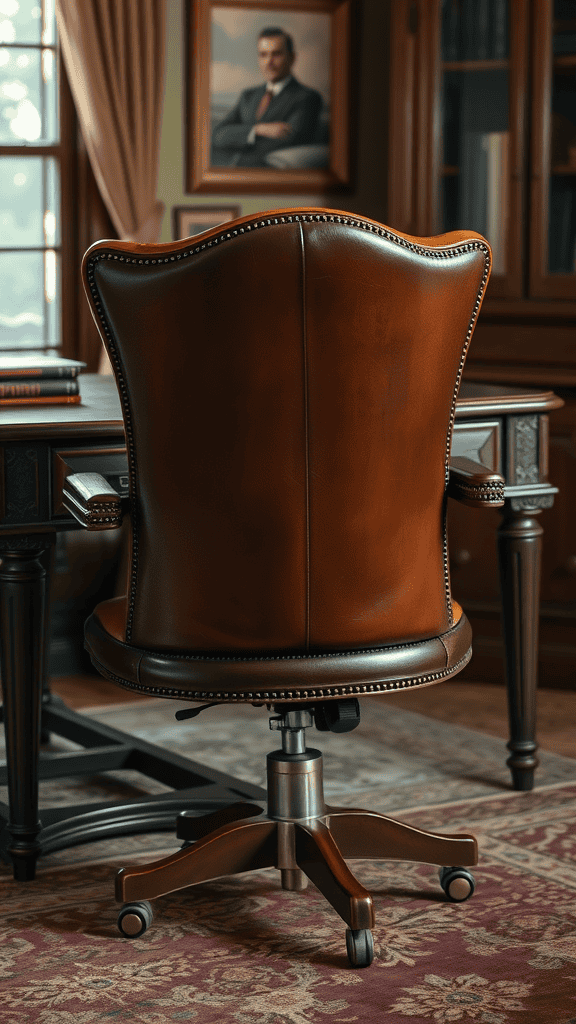 A vintage leather office chair in a classic home office setting.