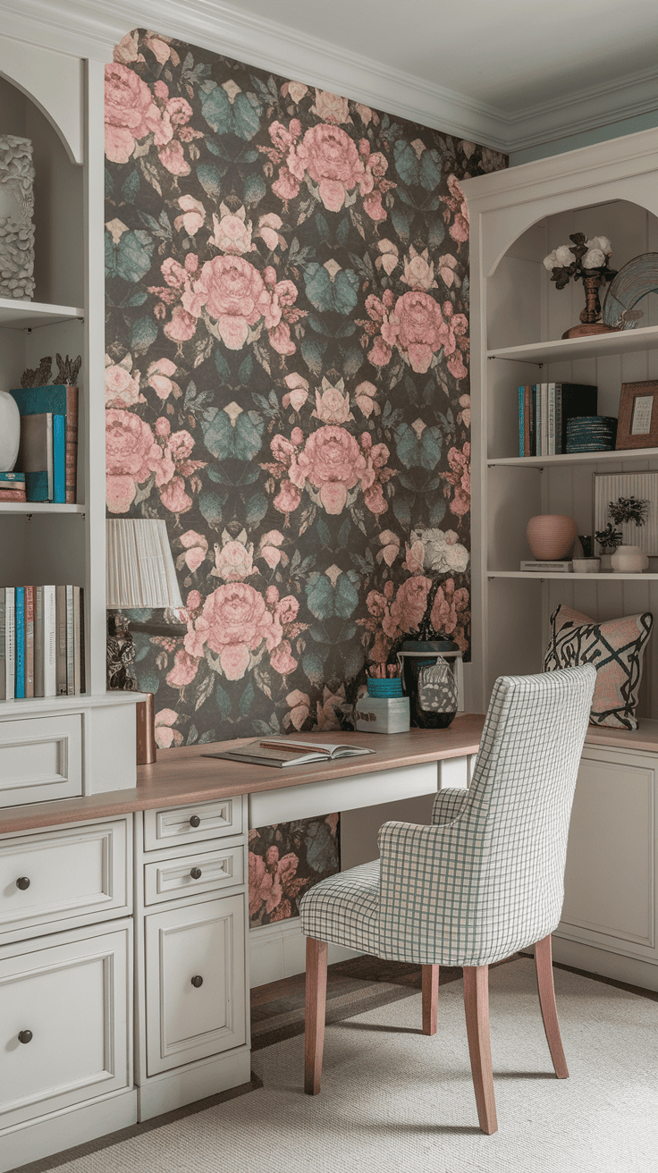 A vintage-themed workspace featuring floral wallpaper and a neatly organized desk