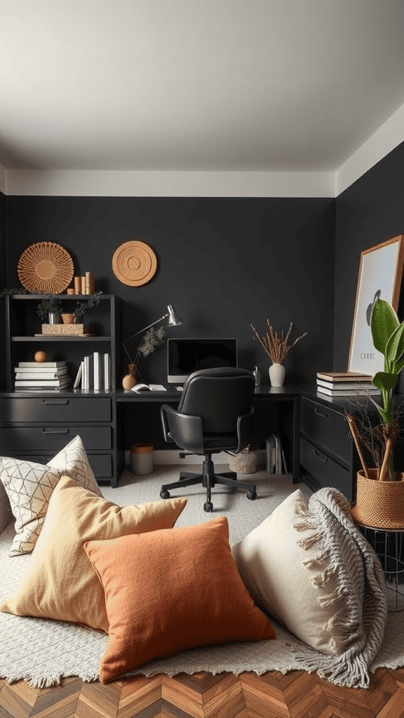 A cozy workspace with warm-toned pillows and decor against a dark wall.