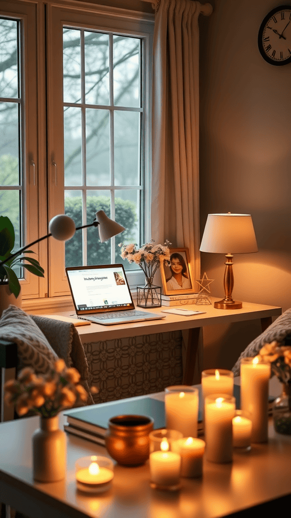 A cozy workspace with warm ambient lighting, featuring candles, a desk lamp, a laptop, and decorative elements.