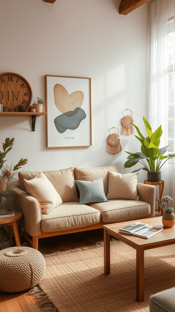 Cozy living room with a beige sofa, wooden furniture, and plants