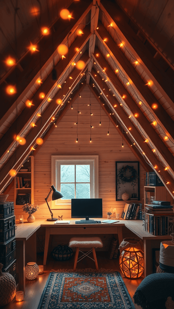 A cozy attic workspace with warm lighting and decorated shelves.