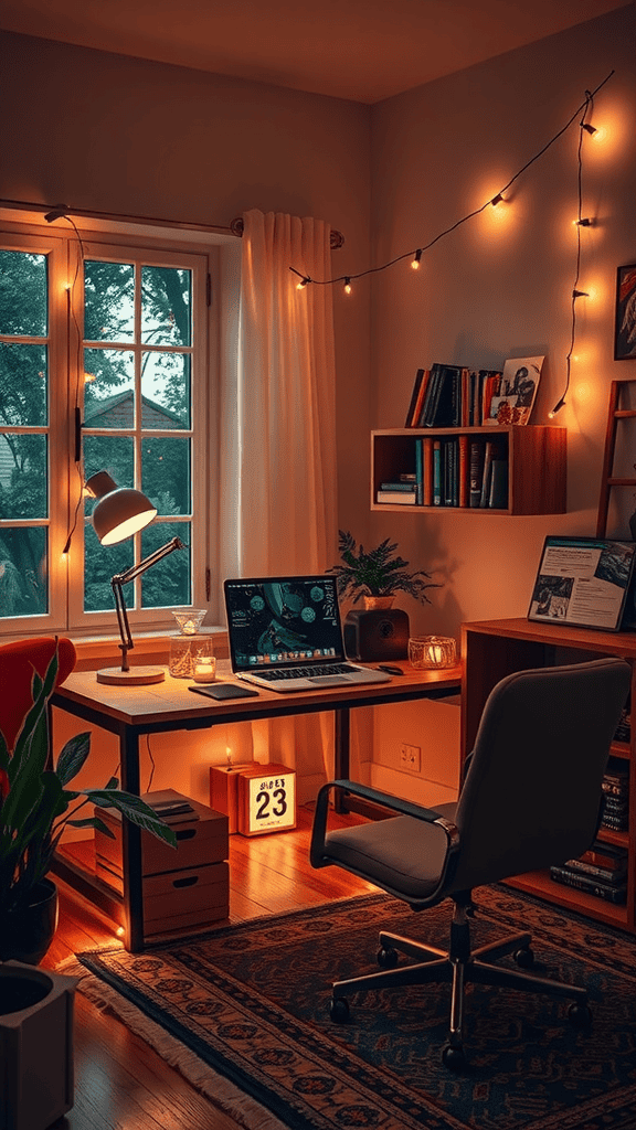 A cozy workspace with warm lighting including string lights, a desk lamp, and a computer.