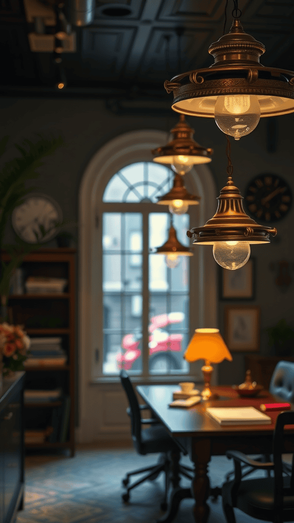 A cozy office space featuring warm lighting and brass fixtures, showcasing a desk and a window view.