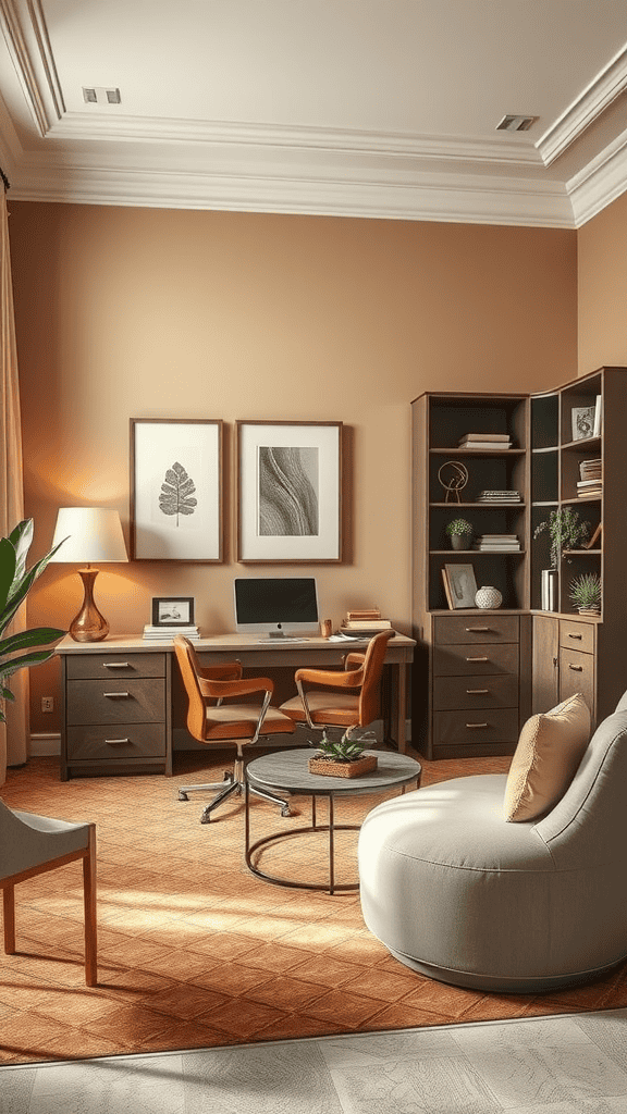 Cozy office space featuring warm taupe walls, modern furniture, and decorative elements.