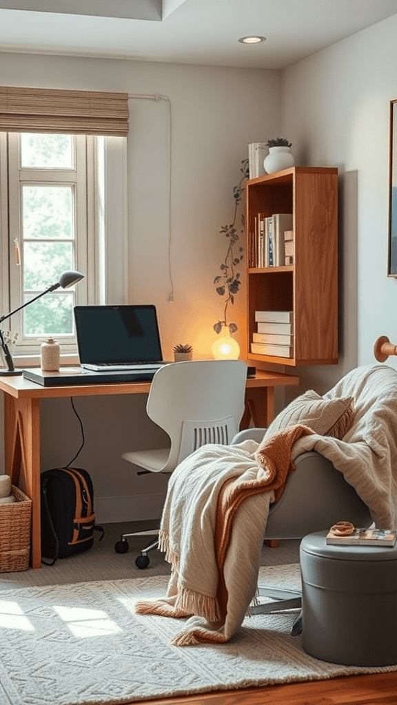 A cozy home office featuring a desk, chair, throw blanket, and plants, creating a warm and inviting atmosphere.