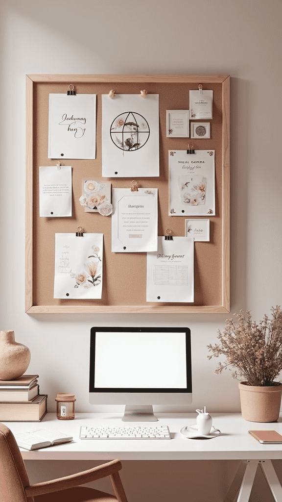 A feminine home office with a corkboard displaying various inspirational notes and designs, featuring a modern desk setup.