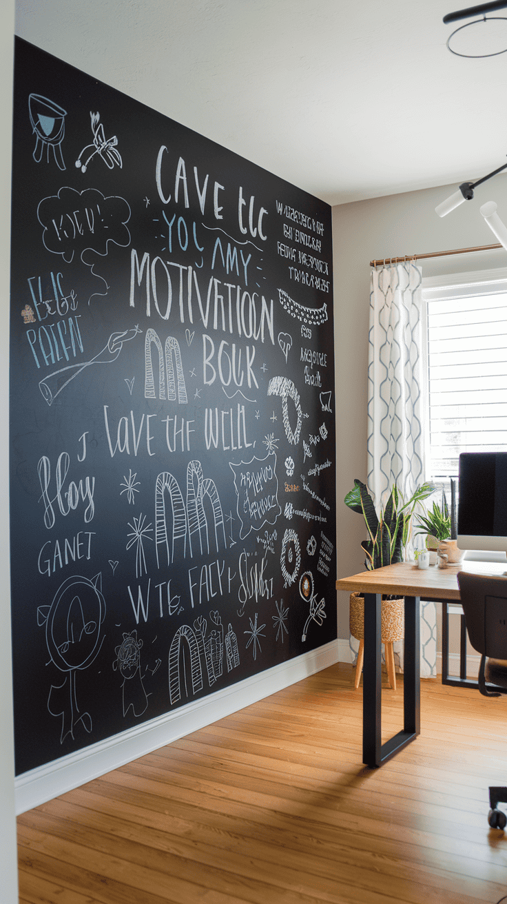 A chalkboard wall filled with colorful doodles and motivational phrases in a bright room with a desk and plants.