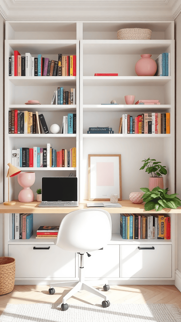 A bright workspace featuring white bookshelves filled with colorful books and pink decorative accents.