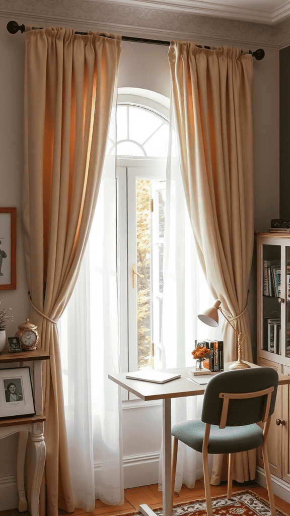 A cozy workspace with soft beige curtains framing a window, a small desk, and a green chair.